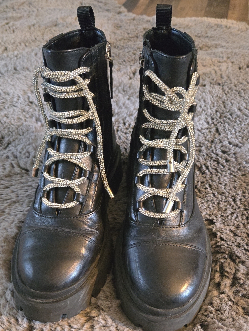 Schutz Black Women's Lace-Up Boots with Rhinestone Laces